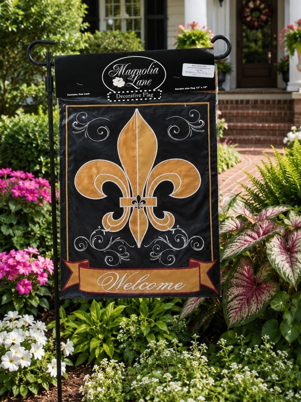 Magnolia Lane Fleur De Lis Welcome Garden Flag 13x18 Black Gold Double-Sided NWT